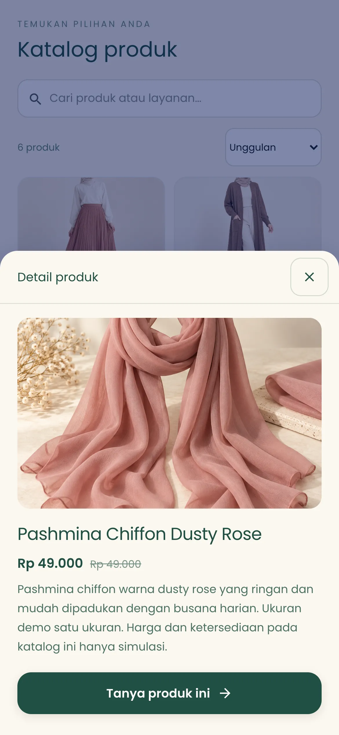 Detail produk Pashmina Chiffon Dusty Rose: foto, harga, deskripsi, dan tombol Tanya produk ini.